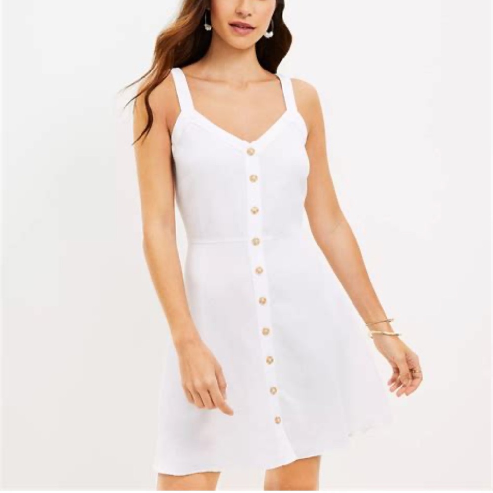 Loft Linen Blend Strappy Button Flare Dress White Beachy Graduation 2023 NWT-12